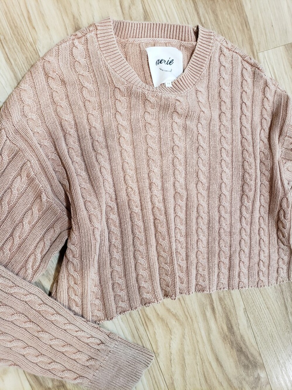 Aerie Cable Knit Fishermen Braided Tan Long Sleeve Crop Sweater Crew Neck L